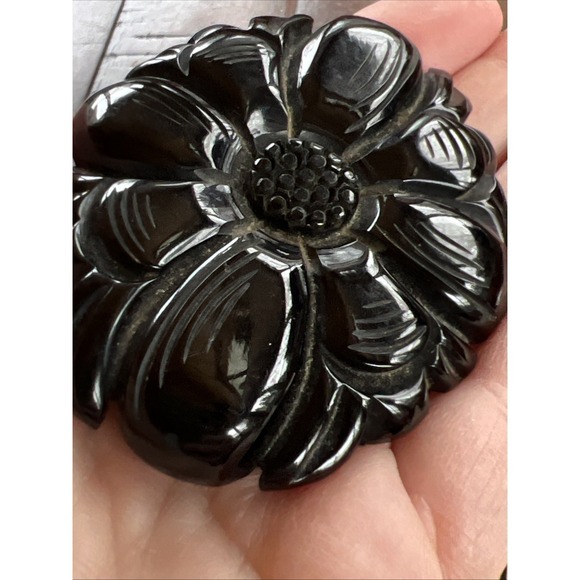 Bakelite Large Black Brooch Floral Carved Detailed Pierced Pin - Picture 11 of 13